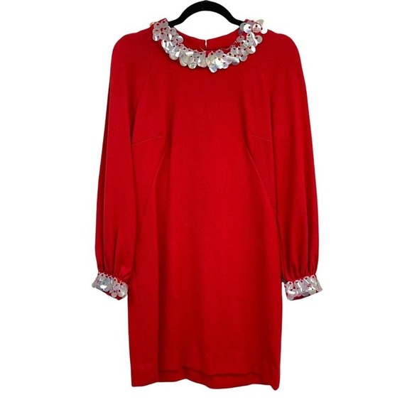 Vintage 60s Wool Red Mini Dress Embellished Disc Long Sleeve Mod GoGo Twiggy - Picture 3 of 12